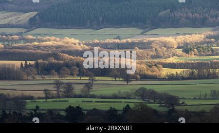 Blick über South Shropshire in Richtung Ludlow von View Edge, Onibury, Shropshire, Großbritannien Stockfoto