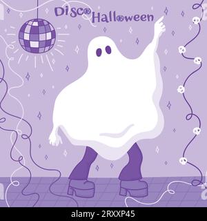 Geistertanz Disco. Stilvoller Geist auf einer Tanzfläche mit festlichen Girlanden und Disco-Ball. Disco Halloween. Vektorillustration Stock Vektor