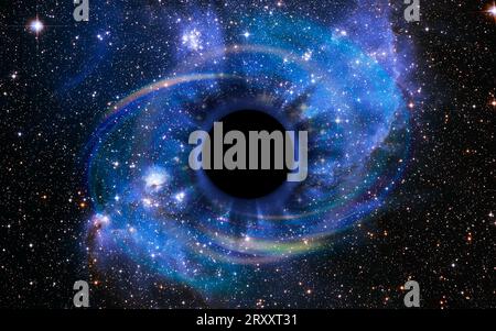 Sterne fallen in einem tiefen schwarzen Loch zusammen, angezogen von dem riesigen Gravitationsfeld. Das Schwarze Loch sieht aus wie ein Auge oder eine Iris am Himmel. Stockfoto