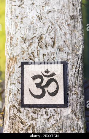 Draufsicht auf ein OM-Zeichen auf Baumstamm über Wasser. Yoga- und Meditationskonzept. Vertikale Aufnahme Stockfoto