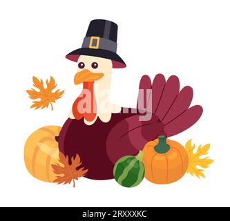 Thanksgiving Pilger truthahn in Kürbissen Herbst 2D-Cartoon-Charakter Stock Vektor