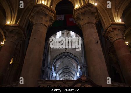 LAUSANNE, SCHWEIZ - 6. AUGUST 2023: Blick auf die Kathedrale Notre Dame auf das Hauptschiff von der Apsis der gotischen Kathedrale Stockfoto