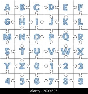 Cnc. Laserschneiden Alphabet and Numbers Puzzle. Kein Klebstoff. Vektorillustration. Stock Vektor