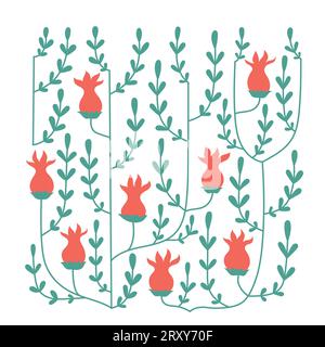 Einfaches modernes Vektormuster mit abstrakten Blumen, Laub. Natürliche winzige Blätter Pflanze Ornament Wandkunst, Karte. Stock Vektor