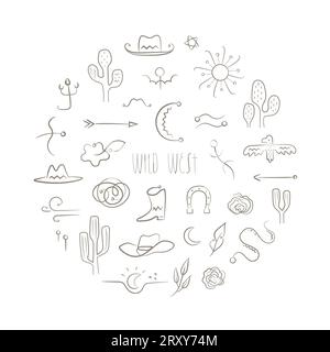 Runder Rahmen mit Vektorgrafiken, Symbolen, Text. Einfache westliche Verzierung. Stock Vektor