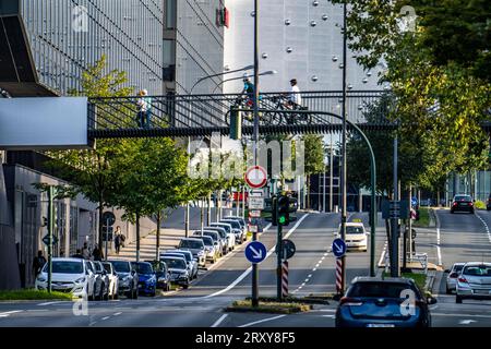 Fuss-und Radwegbrücke über die Segerothstraße, Innenstadt von Essen, Radwegenetz, Teil des Radschnellwegs Ruhr RS1, Straßenverkehr, NRW, Deutschland, Radwege *** Fuß- und Radwegbrücke über die Segerothstraße, Essener Innenstadt, Radwegenetz, Teil des Ruhr RS1 Radweges, Straßenverkehr, NRW, Deutschland, Radwege Stockfoto