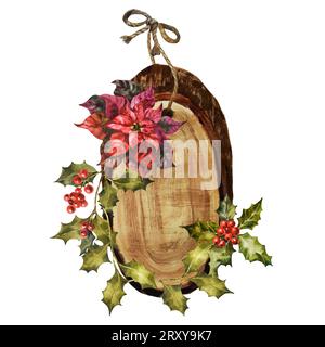 Handgefertigte Weihnachtsdekoration aus Holz mit Holzscheiben und Weihnachtsstern mit Blumen und Blättern. Rustikale Aquarellillustration isoliert auf weißem Hintergrund. Stockfoto