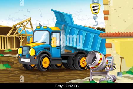 Cartoon-Szene mit Baustelle mit Auto-Fahrzeug in der Stadt arbeiten Illustration für Kinder Stockfoto