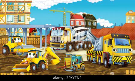 Cartoon-Szene mit Baustelle mit Auto-Fahrzeug in der Stadt arbeiten Illustration für Kinder Stockfoto