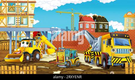 Cartoon-Szene mit Baustelle mit Auto-Fahrzeug in der Stadt arbeiten Illustration für Kinder Stockfoto