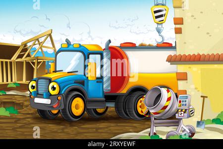 Cartoon-Szene mit Baustelle mit Auto-Fahrzeug in der Stadt arbeiten Illustration für Kinder Stockfoto