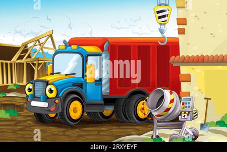Cartoon-Szene mit Baustelle mit Auto-Fahrzeug in der Stadt arbeiten Illustration für Kinder Stockfoto