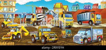 Cartoon-Szene mit Baustelle mit Auto-Fahrzeug in der Stadt arbeiten Illustration für Kinder Stockfoto