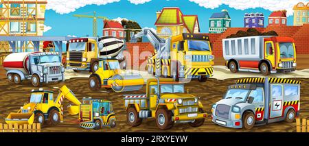 Cartoon-Szene mit Baustelle mit Auto-Fahrzeug in der Stadt arbeiten Illustration für Kinder Stockfoto