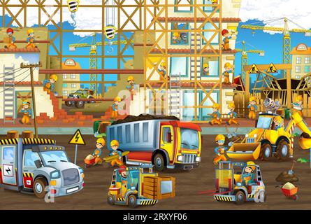 Cartoon-Szene mit Baustelle mit Auto-Fahrzeug in der Stadt arbeiten Illustration für Kinder Stockfoto