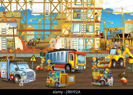 Cartoon-Szene mit Baustelle mit Auto-Fahrzeug in der Stadt arbeiten Illustration für Kinder Stockfoto