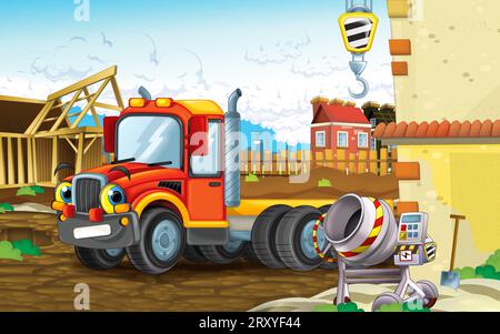 Cartoon-Szene mit Baustelle mit Auto-Fahrzeug in der Stadt arbeiten Illustration für Kinder Stockfoto