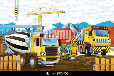 Cartoon-Szene mit Baustelle mit Auto-Fahrzeug in der Stadt arbeiten Illustration für Kinder Stockfoto