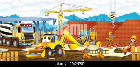 Cartoon-Szene mit Baustelle mit Auto-Fahrzeug in der Stadt arbeiten Illustration für Kinder Stockfoto