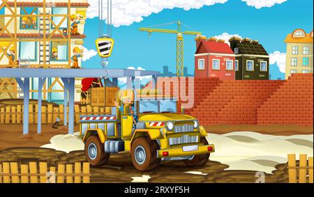 Cartoon-Szene mit Baustelle mit Auto-Fahrzeug in der Stadt arbeiten Illustration für Kinder Stockfoto