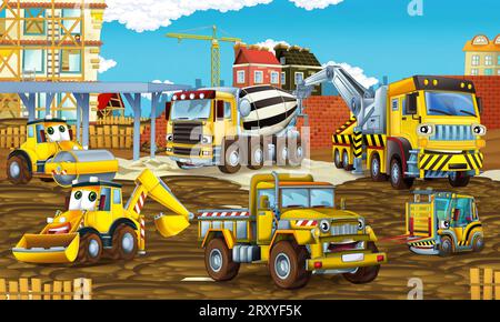 Cartoon-Szene mit Baustelle mit Auto-Fahrzeug in der Stadt arbeiten Illustration für Kinder Stockfoto