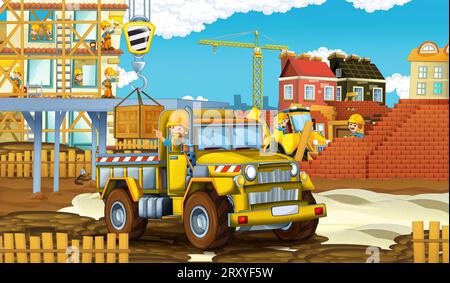 Cartoon-Szene mit Baustelle mit Auto-Fahrzeug in der Stadt arbeiten Illustration für Kinder Stockfoto