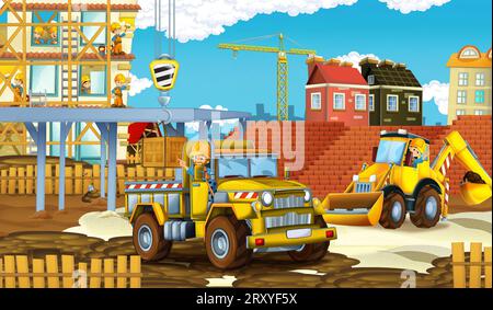 Cartoon-Szene mit Baustelle mit Auto-Fahrzeug in der Stadt arbeiten Illustration für Kinder Stockfoto