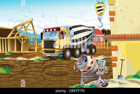 Cartoon-Szene mit Baustelle mit Auto-Fahrzeug in der Stadt arbeiten Illustration für Kinder Stockfoto