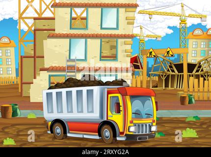 Cartoon-Szene mit Baustelle mit Auto-Fahrzeug in der Stadt arbeiten Illustration für Kinder Stockfoto