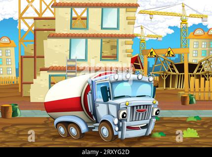 Cartoon-Szene mit Baustelle mit Auto-Fahrzeug in der Stadt arbeiten Illustration für Kinder Stockfoto