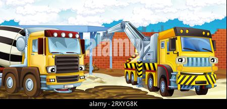 Cartoon-Szene mit Baustelle mit Auto-Fahrzeug in der Stadt arbeiten Illustration für Kinder Stockfoto
