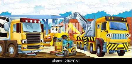 Cartoon-Szene mit Baustelle mit Auto-Fahrzeug in der Stadt arbeiten Illustration für Kinder Stockfoto