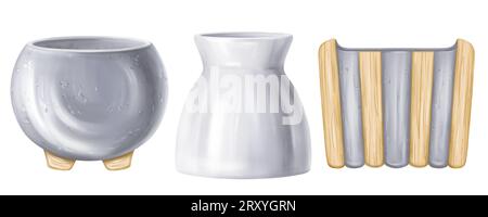 Eine Reihe von Gartentöpfen aus Beton und Holz im Aquarellstil. Gartengeräte, Wohnaccessoires, Blumenvasen, Designer-Geschirr. Abbildung auf einer Spur Stockfoto