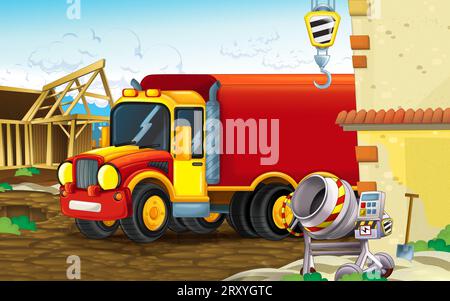 Cartoon-Szene mit Baustelle mit Auto-Fahrzeug in der Stadt arbeiten Illustration für Kinder Stockfoto