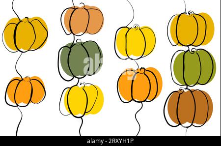 Reife Kürbisse in verschiedenen Farben im Strichkunststil, Banner mit Kopierbereich auf weißem Hintergrund, Konzept von Happy halloween, Herbsternte, halloween Stock Vektor