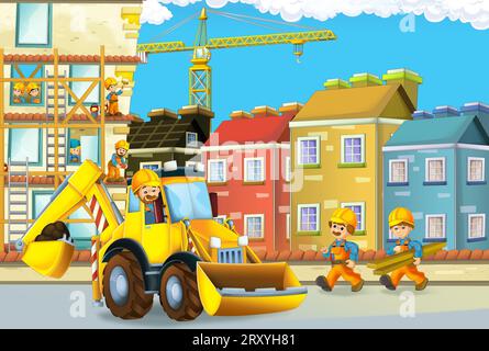 Cartoon-Szene mit Baustelle mit Auto-Fahrzeug in der Stadt arbeiten Illustration für Kinder Stockfoto