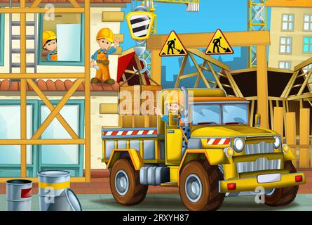 Cartoon-Szene mit Baustelle mit Auto-Fahrzeug in der Stadt arbeiten Illustration für Kinder Stockfoto