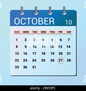 Oktober 27. Kalender mit flachen Symbolen isoliert auf blauem Hintergrund. Vektorillustration für Datum und Monat Stock Vektor