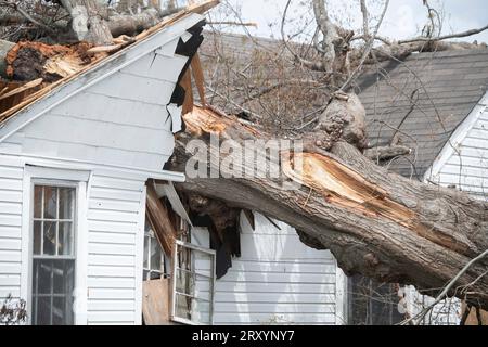 Rollgabel, Vereinigte Staaten von Amerika. 12. April 2023. Die Folgen von Häusern, die Wochen nach einem EF4-Tornado, der am 12. April 2023 in Rolling Fork, Mississippi, durch Trümmer zerstört wurden. Der gewaltige Tornado zerstörte den größten Teil von Rolling Fork, tötete 17 Menschen und verletzte am 24. März mindestens 165 weitere. Lance Cheung/USDA Media/Alamy Live News Stockfoto