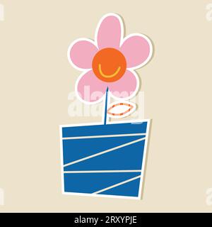 Niedliche kawaii-pinkfarbene Blumentopf-Aufklebergrafik für Kinder Stock Vektor