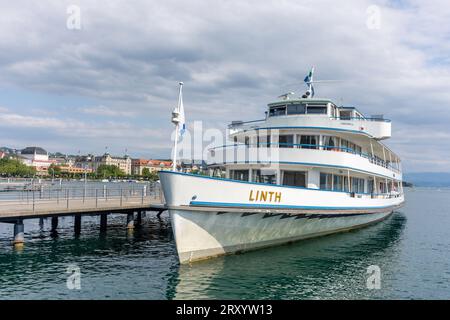 Kreuzfahrtschiff M S Linth am Zurichsee, Zürich Bürkliplatz (siehe), Stadt Zürich, Zürich, Schweiz Stockfoto