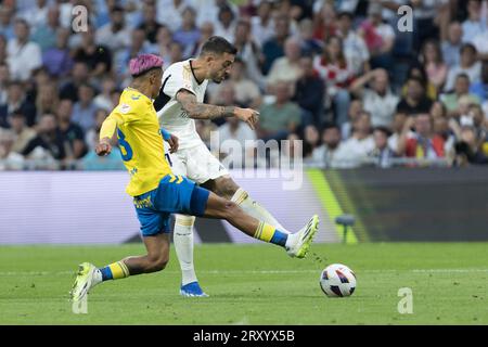 MADRID, SPANIEN - SEPTEMBER 27: Joselu von Real Madrid während des Spiels La Liga 2023/24 zwischen Real Madrid und Las Palmas im Santiago Bernabeu Stadion in Madrid am 20. SEPTEMBER 2023. (Foto: Guillermo M.) Stockfoto