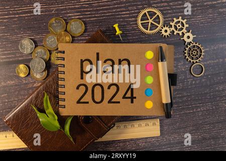 Konzept für 2024 Ziele. Planungsstrategie, Pläne und Aufgaben. Neue Geschäftsideen. Ziele setzen, Ziele setzen. Motivation, Inspiration. Die Inschrift auf Holz B. Stockfoto