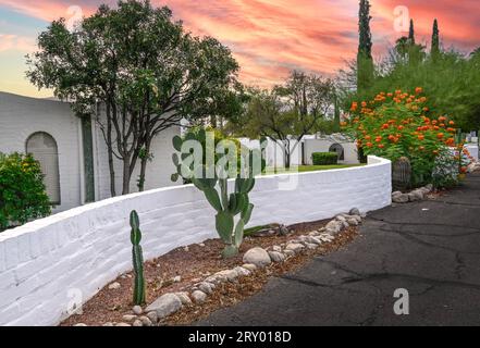 Auf dem Campus des Casitas de Castilian, einem 17 Hektar großen Wohnkomplex, der vom mexikanischen Architekten Bennie Gonzales, Tucson, AZ, entworfen wurde Stockfoto