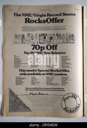 NME Virgin Records bietet Werbung im NME New Musical Express Magazine der 1970er Jahre an Stockfoto