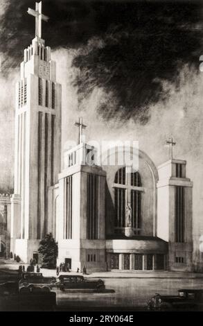 1932 Ca , Wien , ÖSTERREICH : der österreichische Architekt und Bühnenbildner CLEMENS HOLZMEISTER ( 1886 - 1983 ). Das Projekt für eine unbesiedelte katholische Kirche der Moderne. Unbekannter Fotograf. - ART DECO - GESCHICHTE - FOTO STORICHE - MODERNO - MODERN - MODERNISMO - MODERNISMUS - MODERNISTA - SCENOGRAFO - TEATRO - THEATER - KUNST - ARTE - ARCHITETTO - ARCHITETTURA - ARCHITEKTUR - CHIESA - SAN GIUDA - RELIGIONE CATTOLICA - RELIGION - CAMPANILE - OROLOGIO - CATTEDRALE - Kathedrale --- Archivio GBB Stockfoto