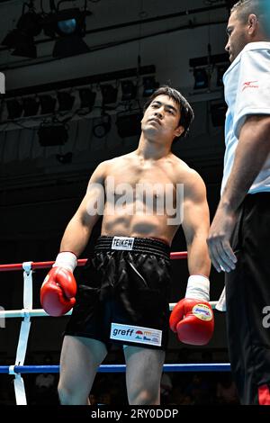 Eigoro Akai vor dem 2023 East Japan Rookie of the Year Turnier Mittelgewicht Halbfinale in der Korakuen Hall in Tokio, Japan, 15. September 2023. (Foto: Hiroaki Finito Yamaguchi/AFLO) Stockfoto