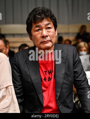 Eigoro Akais Vater Hidekazu Akai ist vor dem Halbfinalturnier 2023 im Mittelgewicht in der Korakuen Hall in Tokio, Japan, am 15. September 2023 zu sehen. (Foto: Hiroaki Finito Yamaguchi/AFLO) Stockfoto