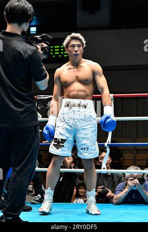 Ryohei Ibuki vor dem 2023 East Japan Rookie of the Year Tournament im Mittelgewicht Halbfinale in der Korakuen Hall in Tokio, Japan, am 15. September 2023. (Foto: Hiroaki Finito Yamaguchi/AFLO) Stockfoto