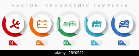 Autoserivce-Symbolsatz, verschiedene Symbole wie Werkzeuge, Werkstatt, Batterie und erneuerbare Energien, flache Vektor-Infografikvorlage, Webschaltflächen Stock Vektor